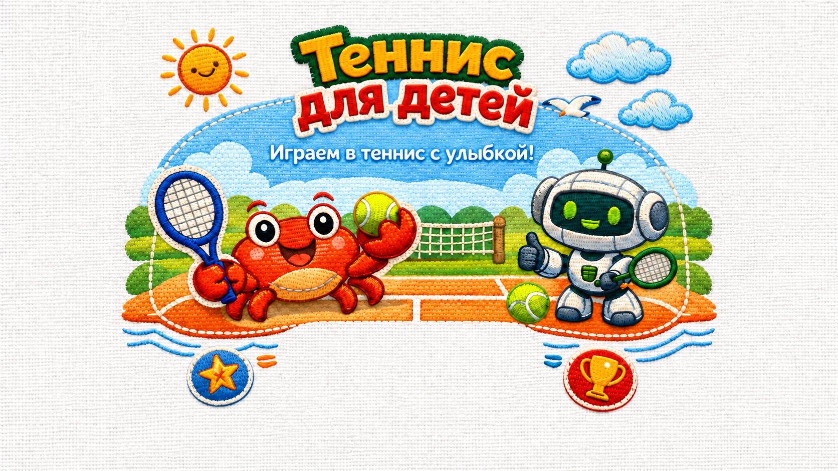 Вышитая картина «Теннис для детей»: Крабик и Роботик играют в теннис